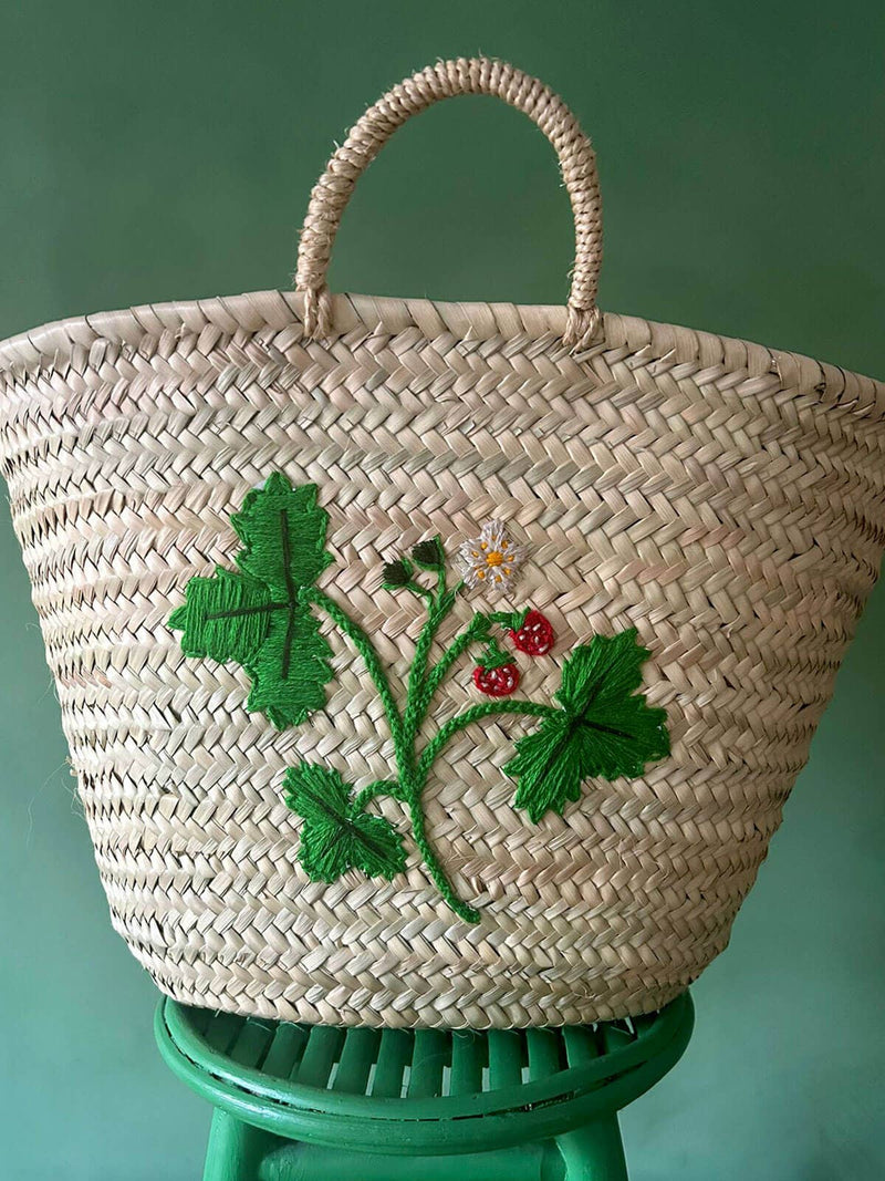 Hand Embroidered Market Basket, Wild Strawberry