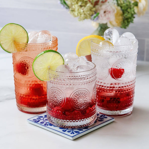 Retro Floral Clear Drinking Glasses - Set of 6