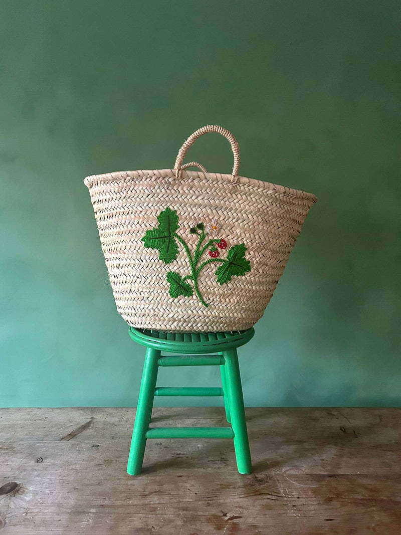 Hand Embroidered Market Basket, Wild Strawberry