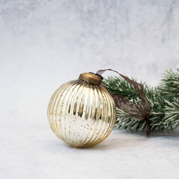 Gold Glass Ribbed Ball Ornament — Medium