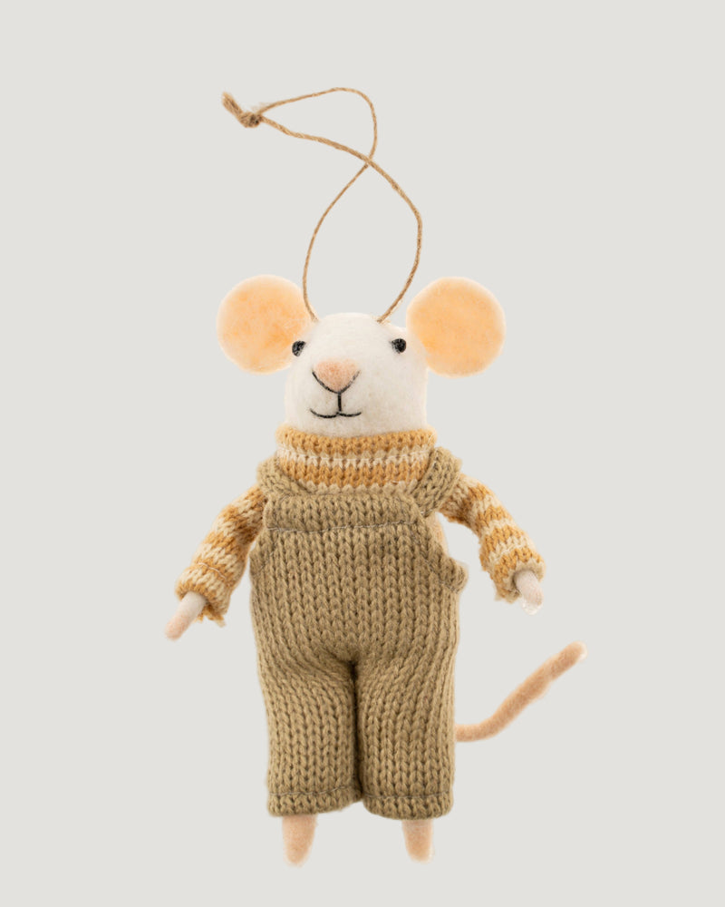 Knitted mouse ornament with a sweater on a white background