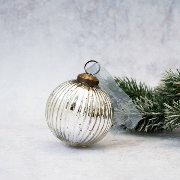 Silver Glass Ribbed Ball Ornament — Medium