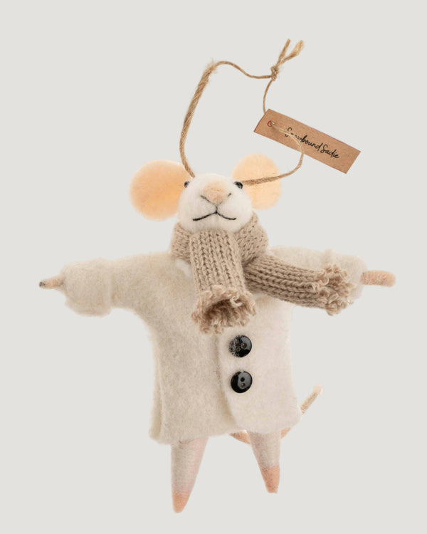Decorative mouse ornament with a scarf and buttons, hanging on a white background