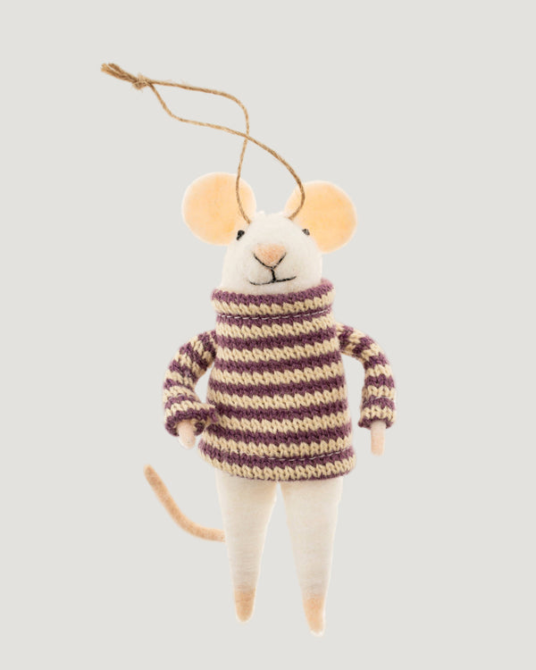 Stuffed mouse toy wearing a striped sweater on a white background