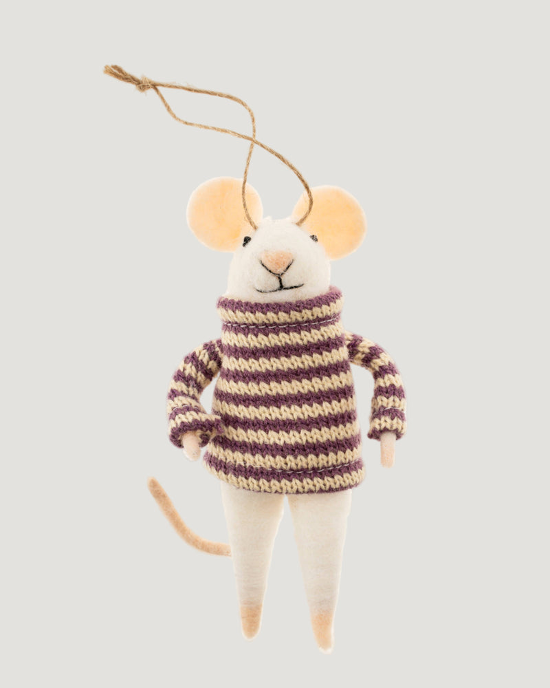Stuffed mouse toy wearing a striped sweater on a white background