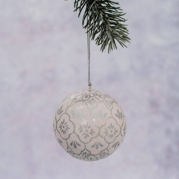 White and Silver Patterned Christmas Bauble