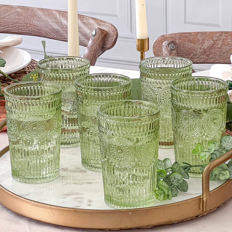 Tall Green Floral Arch Drinking Glasses - Set of 6