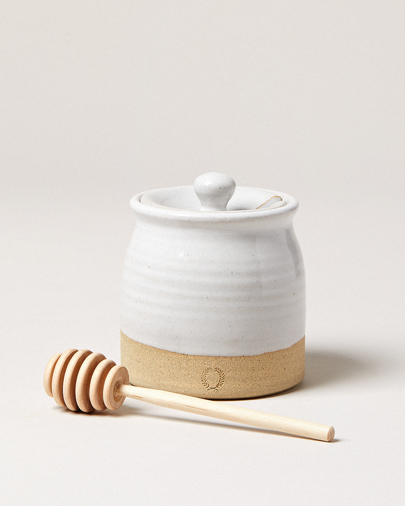 Beehive Honey Pot with Wooden Dipper by Farmhouse Pottery