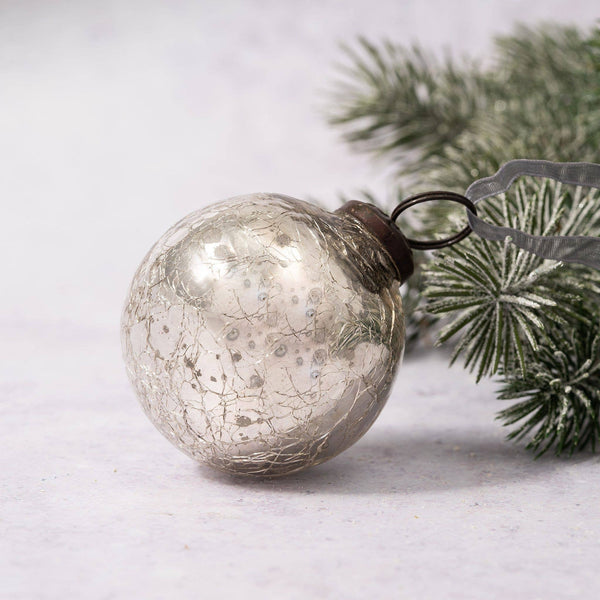 Medium Silver Crackle Glass Christmas Bauble