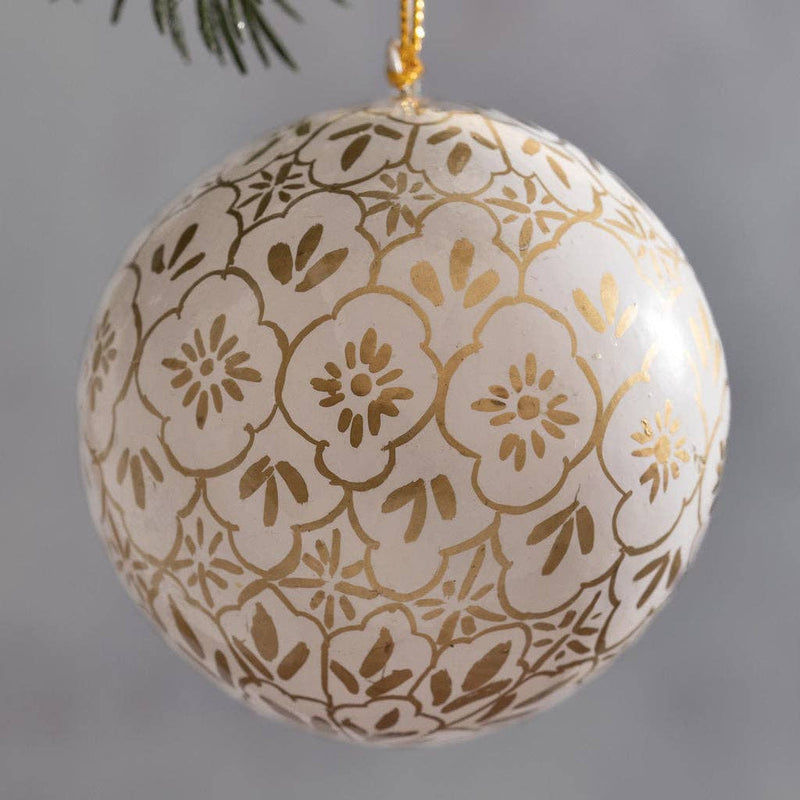 White & Gold Pattern Christmas Paper-Mache Bauble