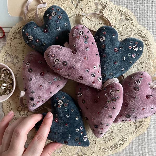 Velvet Confetti Heart Ornament — Dusty Pink